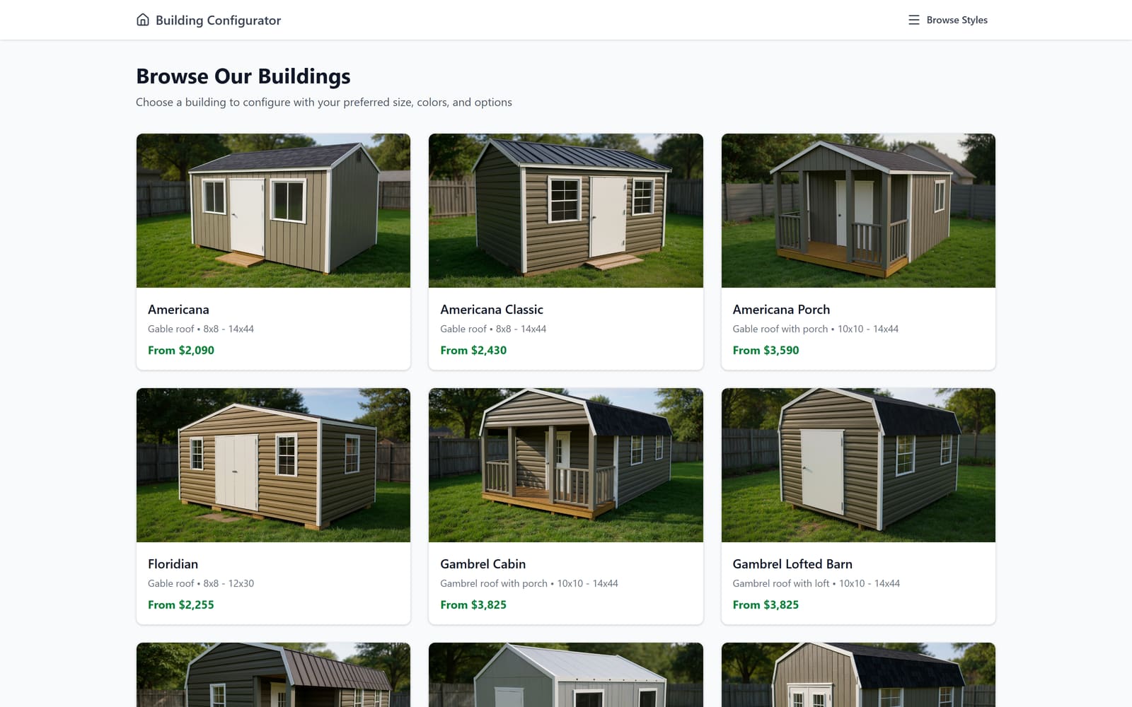 Your building catalog with styles, sizes, and starting prices managed in ConfigBuild