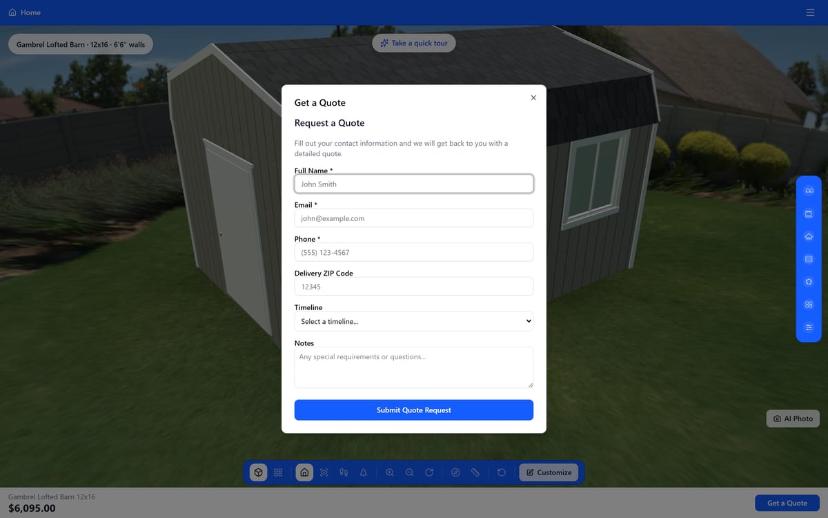 A complete quote request with the full configuration and price